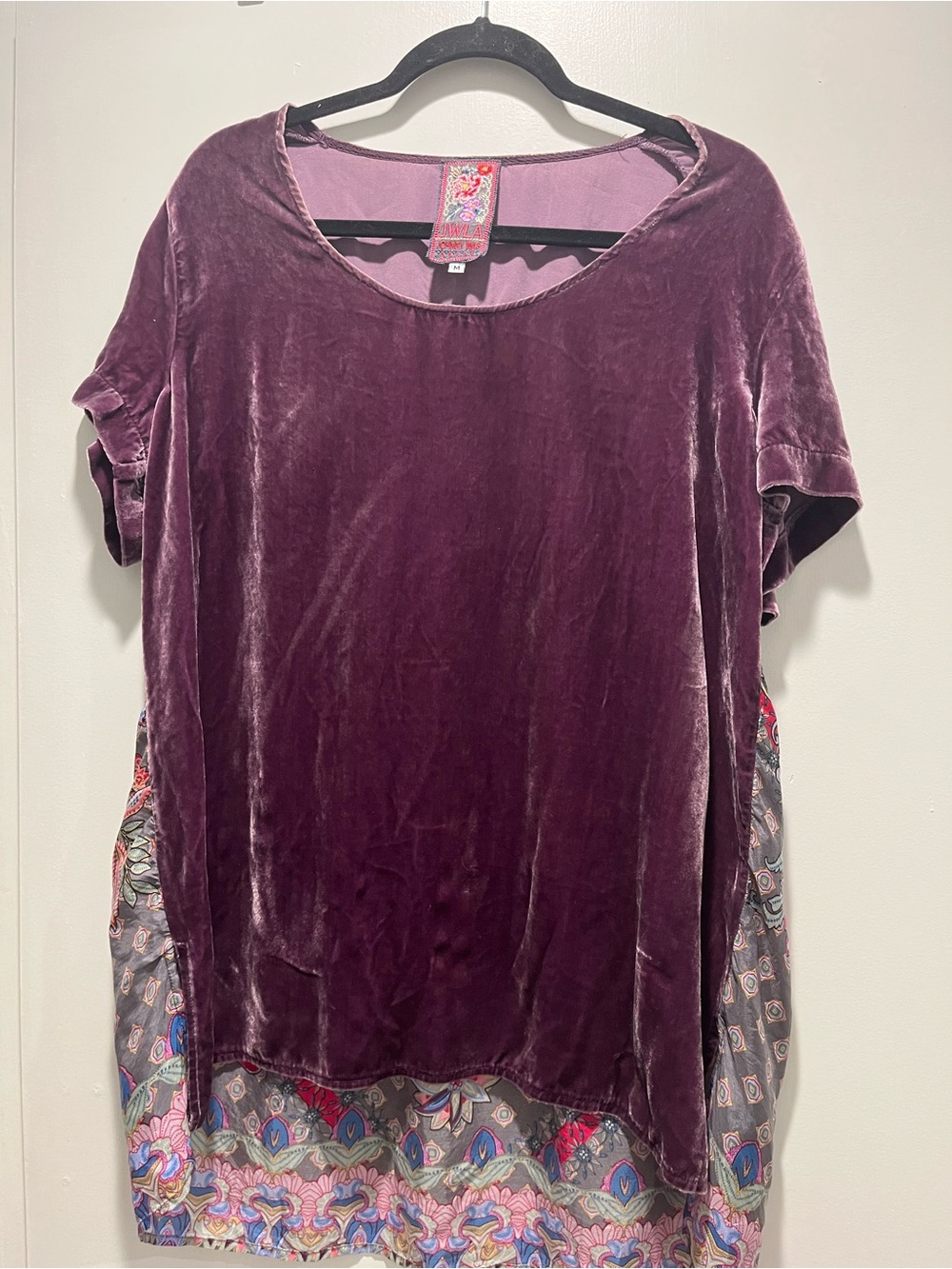 Johnny Was Silk Back and Plum Velvet Short Sleeve Tunic with Printed Hem
